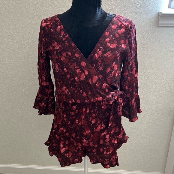 Free People Red Floral Wrap Romper - Picture 1 of 10